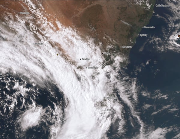 Dust storm on visible satellite over southeast Australia on afternoon of Wednesday 22nd January, 2020