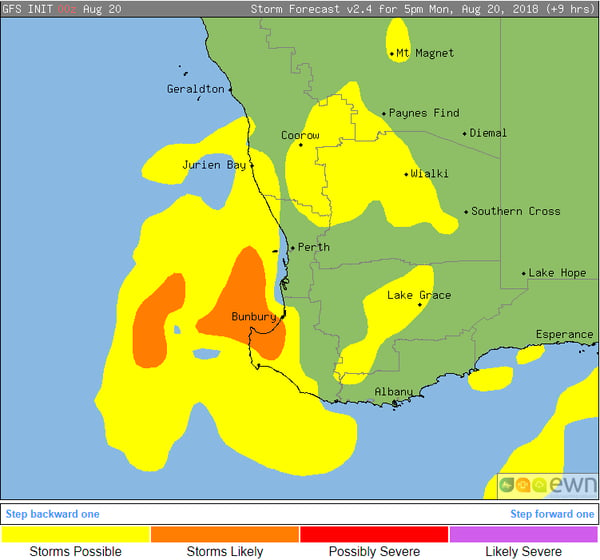 GFS thunderstorm probabilities, 5pm and 8pm WST