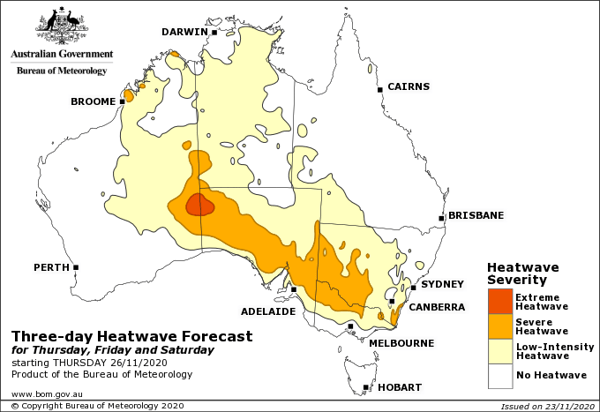 Heatwave forecast from Thursday to Saturday across Australia, sourced from Bureau of Meteorology