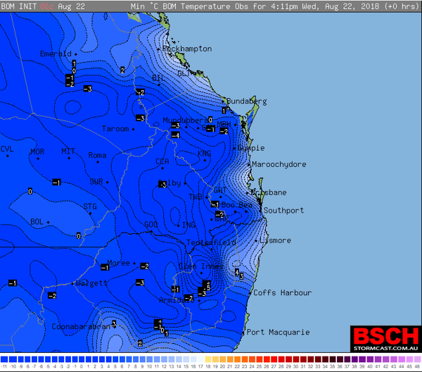 Minimum temperatures recorded over southeast Queensland