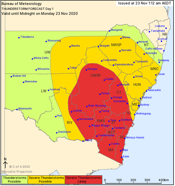 NSW Thunderstorm threat map for Monday 23 November