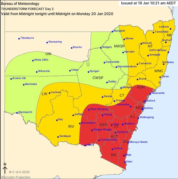 New South Wales, BoM thunderstorm potential, Monday 20th January 2020