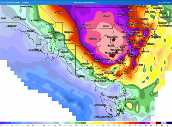 OCF Forecast temperatures over southeast Australia on Saturday 1 February, 2020
