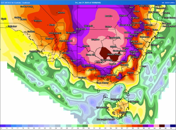 OCF Forecast temperatures over southeast Australia on Friday 31 January, 2020