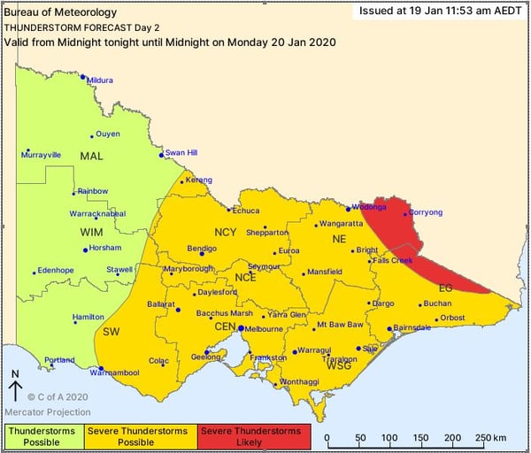 Victoria, BoM thunderstorm potential, Monday 20th January 2020