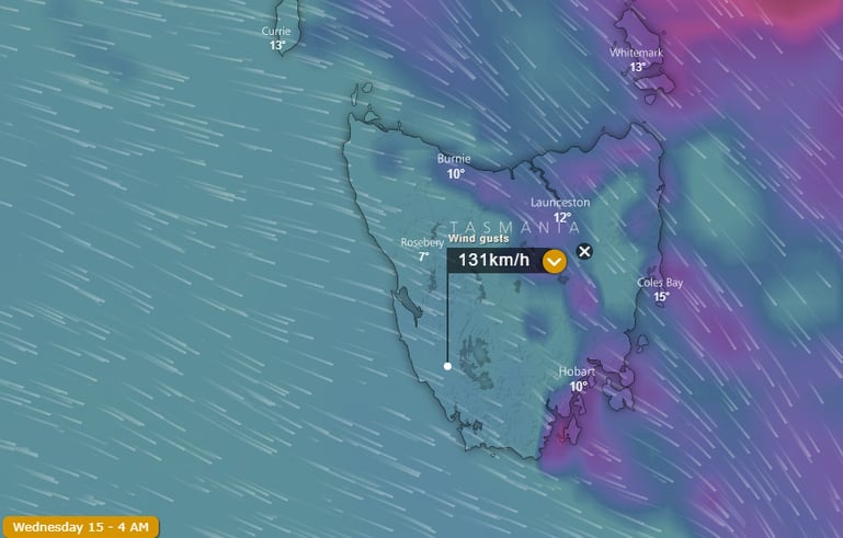EC wind gusts over Tasmania, 4am Wednesday 15th August, 2018