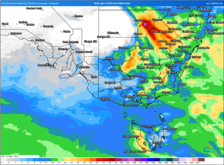 Accumulated precipitation over southeast Australia until 4pm EST Saturday 11th April, 2020. Source: Weatherwatch Metcentre