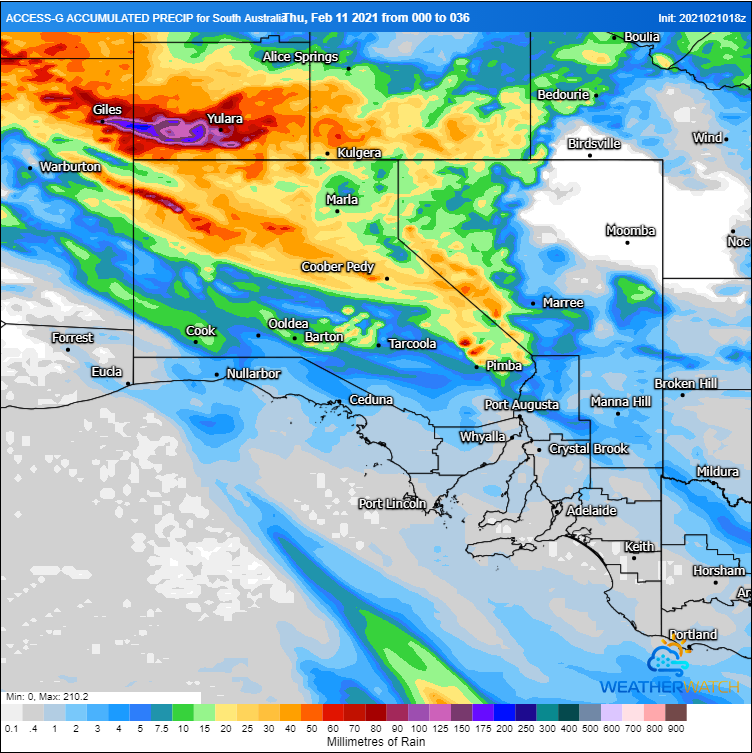 Accumulated precipitation across the next 36 hours from the ACCESSG Model over SA
