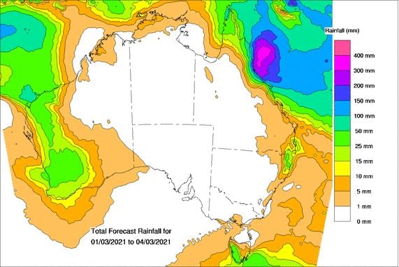 BOM automated eight day forecast rain totals.