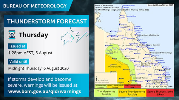 BoM thunderstorm map for Thursday 6/08/2020