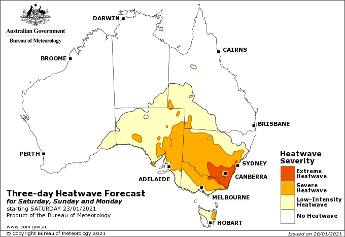 Bureau of Meteorology heatwave forecast map from Saturday 23rd January to Monday 25th January, 2021