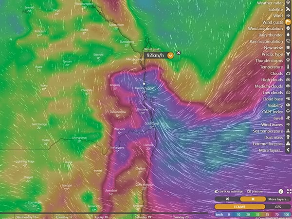 EC model wind gusts for 8am Monday (Source: Windy.com)