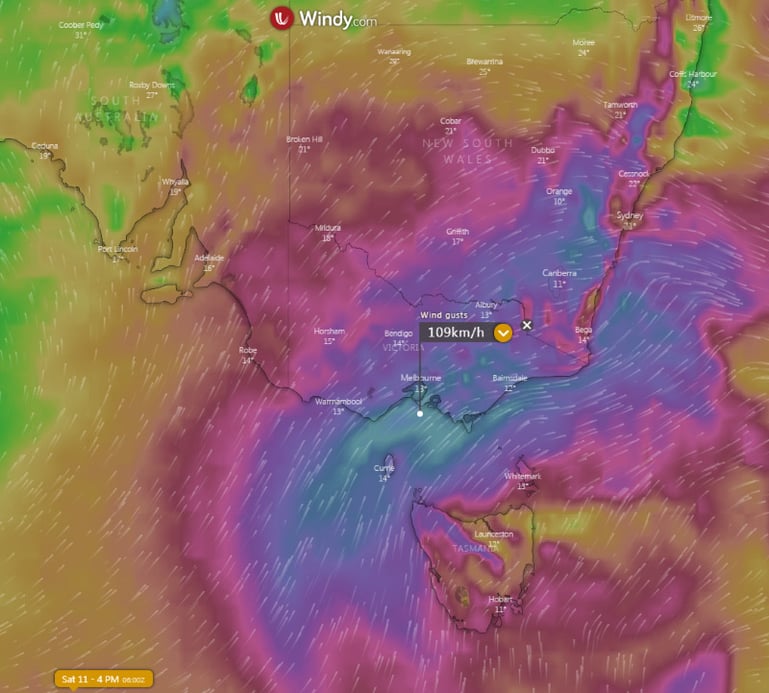 Forecast wind gusts across southeast Australia at 4pm EST Saturday 11th April, 2020. Source: Windy