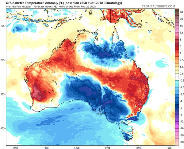 Forecast temperature anomalies for 10am Monday AEST by the GFS model
