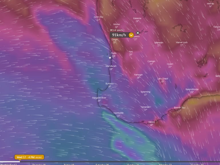 Forecast wind gusts for southwest WA at 4pm AEST Wednesday