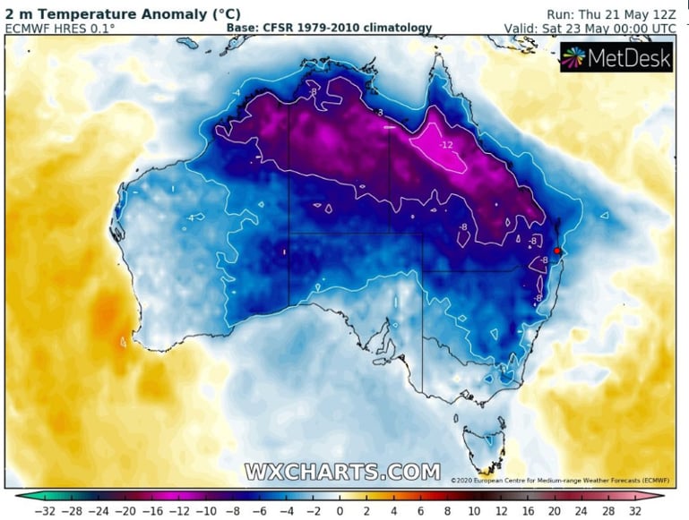 Forecast Temperature Anomoly for Australia for Saturday 23 May, 2020