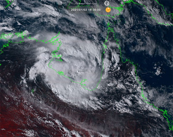 Himawari 8 visable true colour satelitte imagery. Tropical Low in the Gulf of Carpentaria as at 16:30, Saturday, January 2nd, 2020.