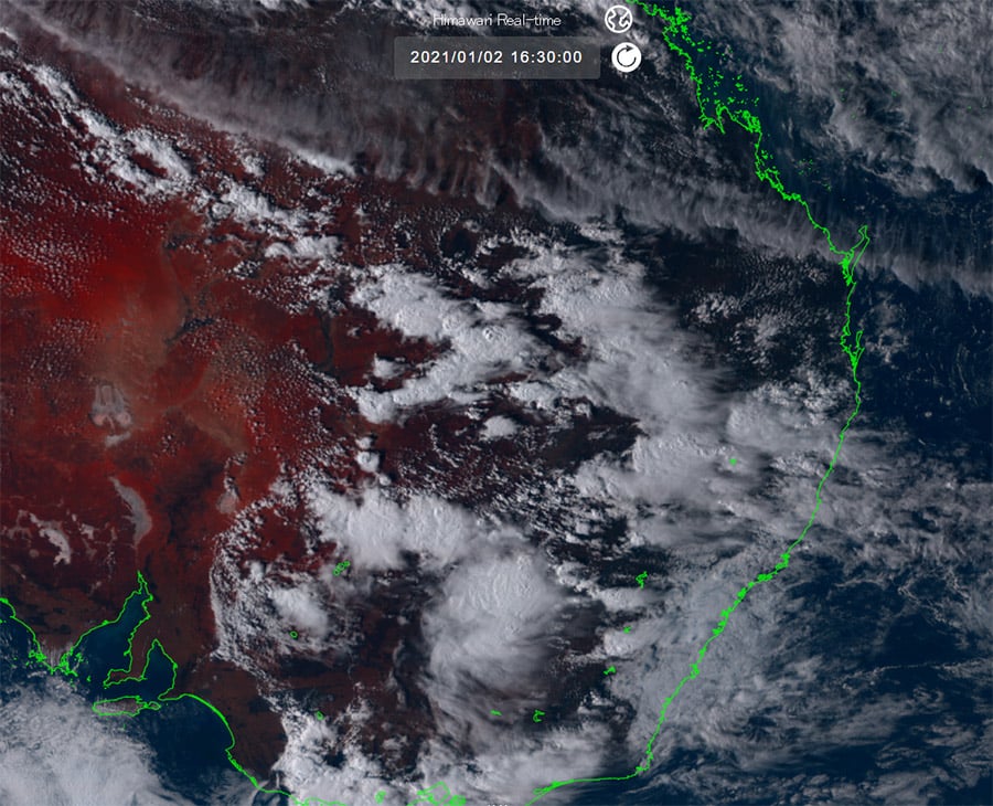 Himawari 8 visable true colour satelitte imagery. Severe Thunderstorms through SE Australia as at 16:30, Saturday, January 2nd, 2020.