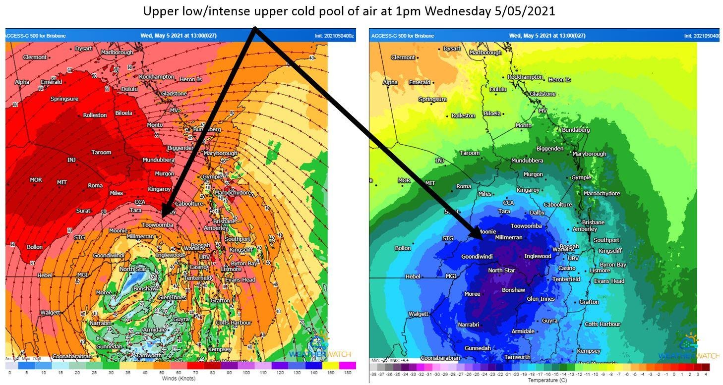 Position of the upper low/intense cold pool of air over southern Queensland. 1pm Wednesday 5/05/2021. Images via WeatherWatch Metcentre.