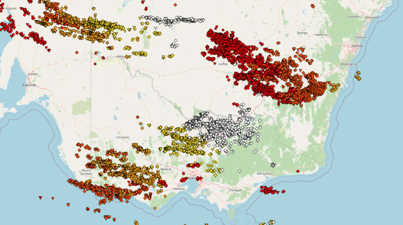 Lightning recorded across southeast Australia between 8pm Sunday 22 November and 11am Monday 23 November, 2020