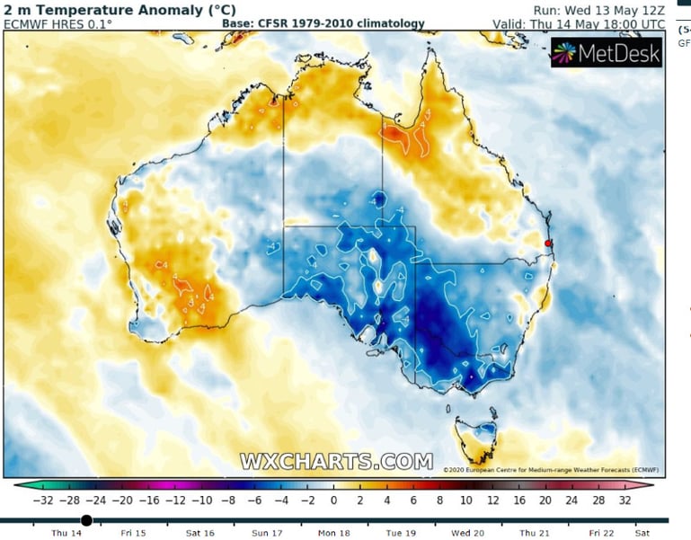 Forecast temperature anomoly at 4am Local Time Friday 15th May, 2020