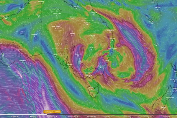 Low position Monday night off the central coast of NSW. ECWMF Model and winds at 3000m shown below.