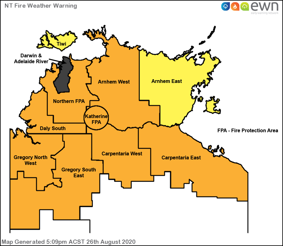 Early Warning Network Fire Danger Map from Thursday, 27th August 2020 detailing the Darwin and Adelaide River's first ever catastrophic fire danger.