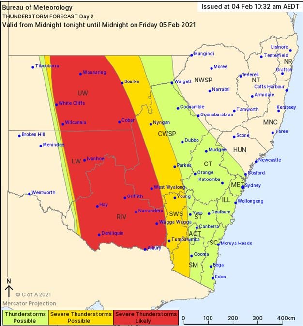 NSW BoM Day 2 thunderstorm outlook.
