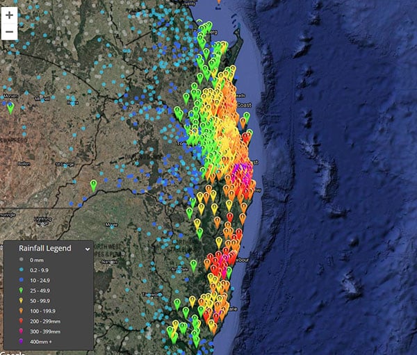 Observed rain amounts in the 96 hours to 9am today (broader view).