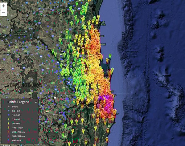 Observed rain amounts in the 96 hours to 9am today (zoomed to southeast Queensland)