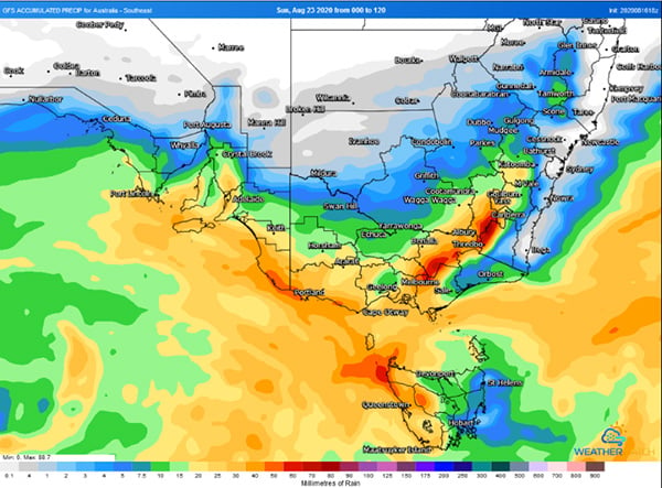 Rain accumulation across southeastern Australia over the next 120 hours from the GFS Model