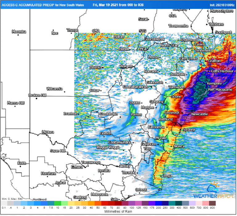 Rain accumulation over the next 36 hours from the ACCESSC Model