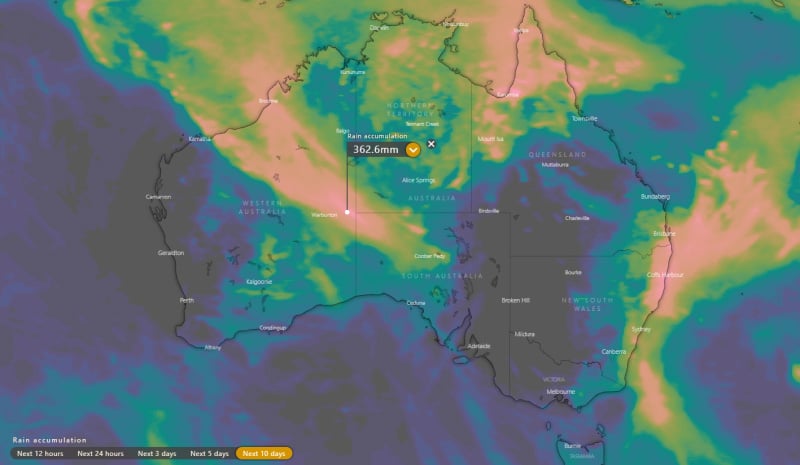 Rainfall accumulations over the next 10 days for Australia (Source: Windy)