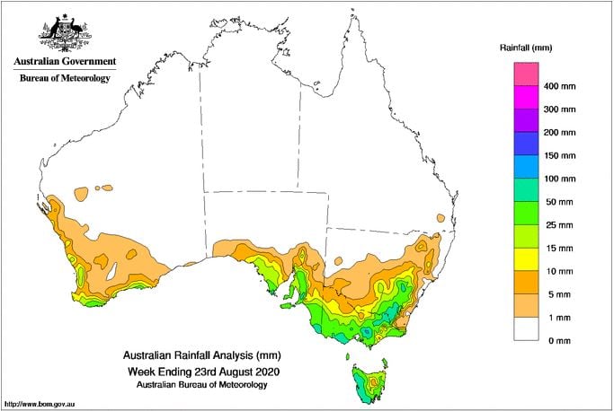 Rainfall totals over the past 7 days across Australia, ending 23/08/2020. Image via BoM.