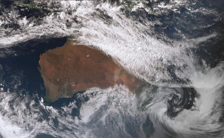 Satellite Image of Australia showing the East Coast Low of the NSW Central Coast and the thick cloudband over the nation's north