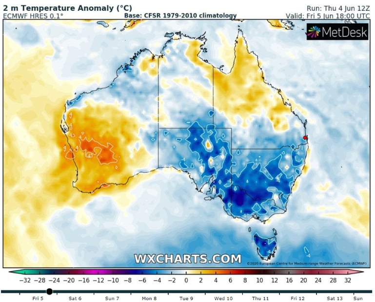 Temperature Anomoly at 4am AEST Saturday 6th June, 2020 (Source: Wxcharts.com)