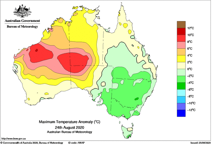 Temperature anomalies across northern Australia on Monday 24 August, 2020 Image via BoM.