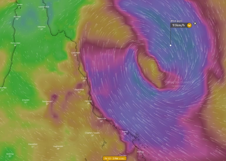Tropical Cyclone forecast position on Friday 13th March, 2020 (Source: Windy)