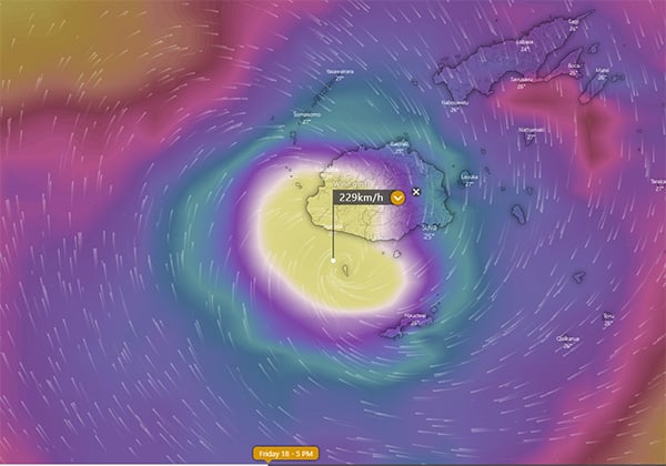 Wind gust forecast for Friday 18th December, 2020 by the ECMWF Model showing the possibility of a direct impact on Fiji (Source: Windy.com)