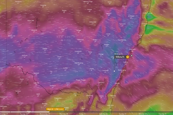 Wind gusts expected across NSW on Wednesday from the EMCWF Model