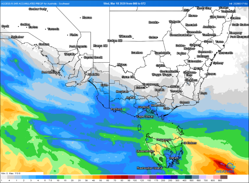 Accumulated precipitation for the next 72 hours from the ACCESSR model (Source: Weatherwatch Metcentre)