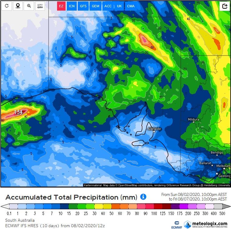 Accumulated precipitation for SA to Friday 10pm. Image via weather.us