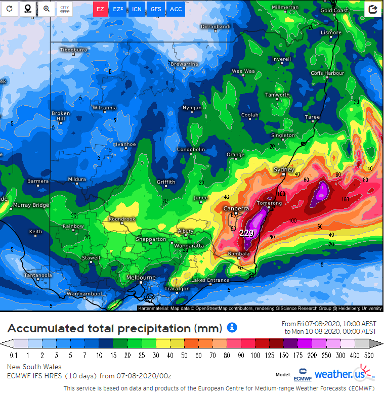 Accumulated rain from Friday up to the end of Sunday from the EC model (Source: weather.us)