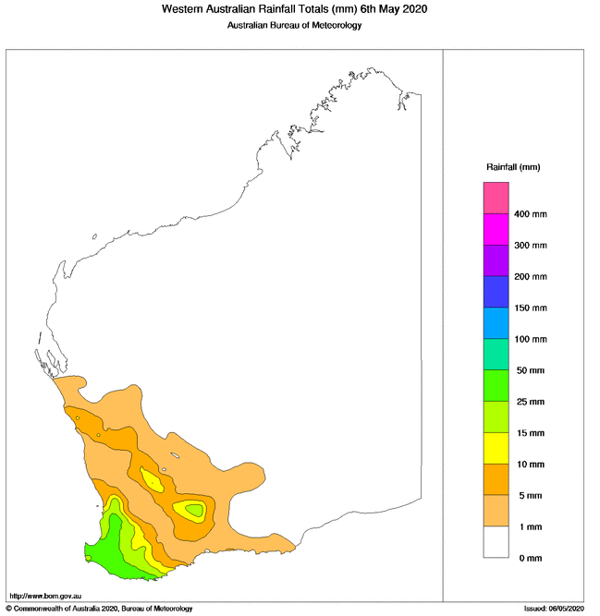 Rainfall totals across Western Australia in the 24 hours to 9am 6 May, 2020Image 2: Rainfall totals across Western Australia in the 24 hours to 9am 6 May, 2020