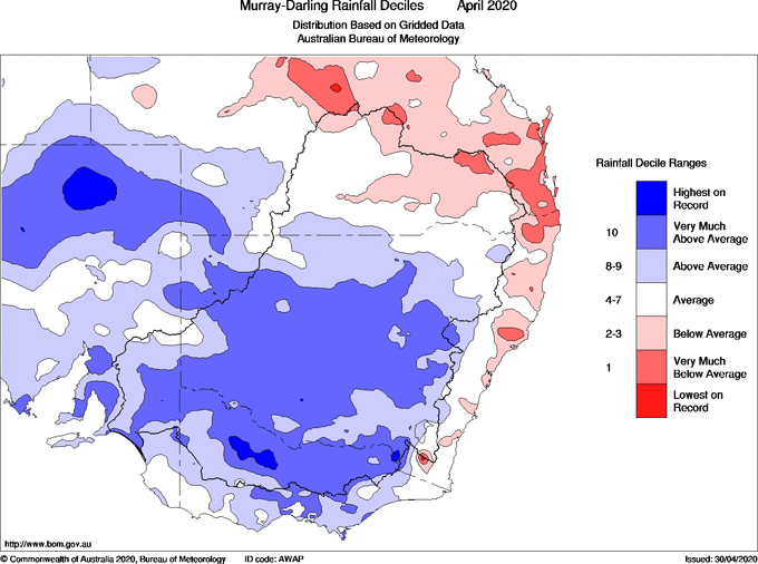 April rainfall deciles across the Murray-Darling Basin, showing high rainfall totals throughout April