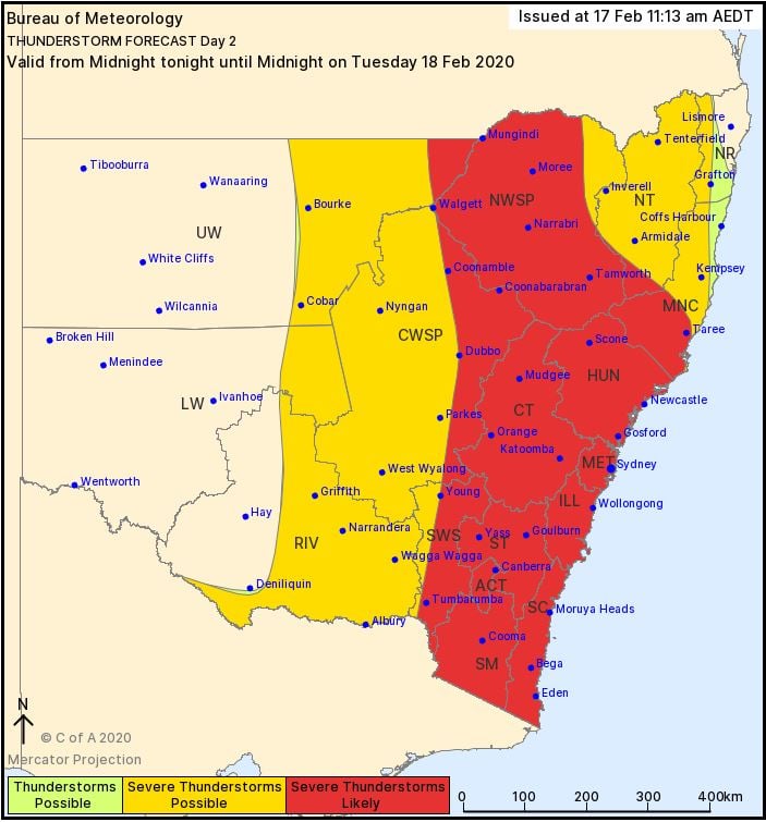 Bureau of Meteorology storm forecast map for NSW. Valid - 18/02/2020