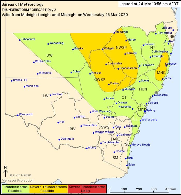 BoM day 2 thunderstorm outlook, valid to midnight Wednesday 25/03/2020