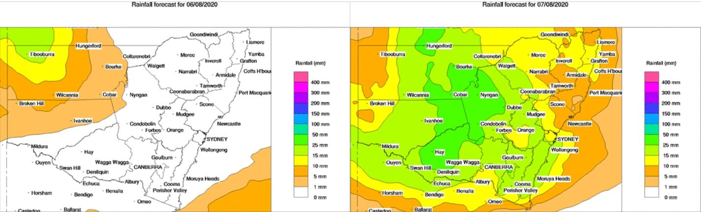 BoM PME rainfall for NSW Thursday 6/08/2020 and Friday 7/08/2020