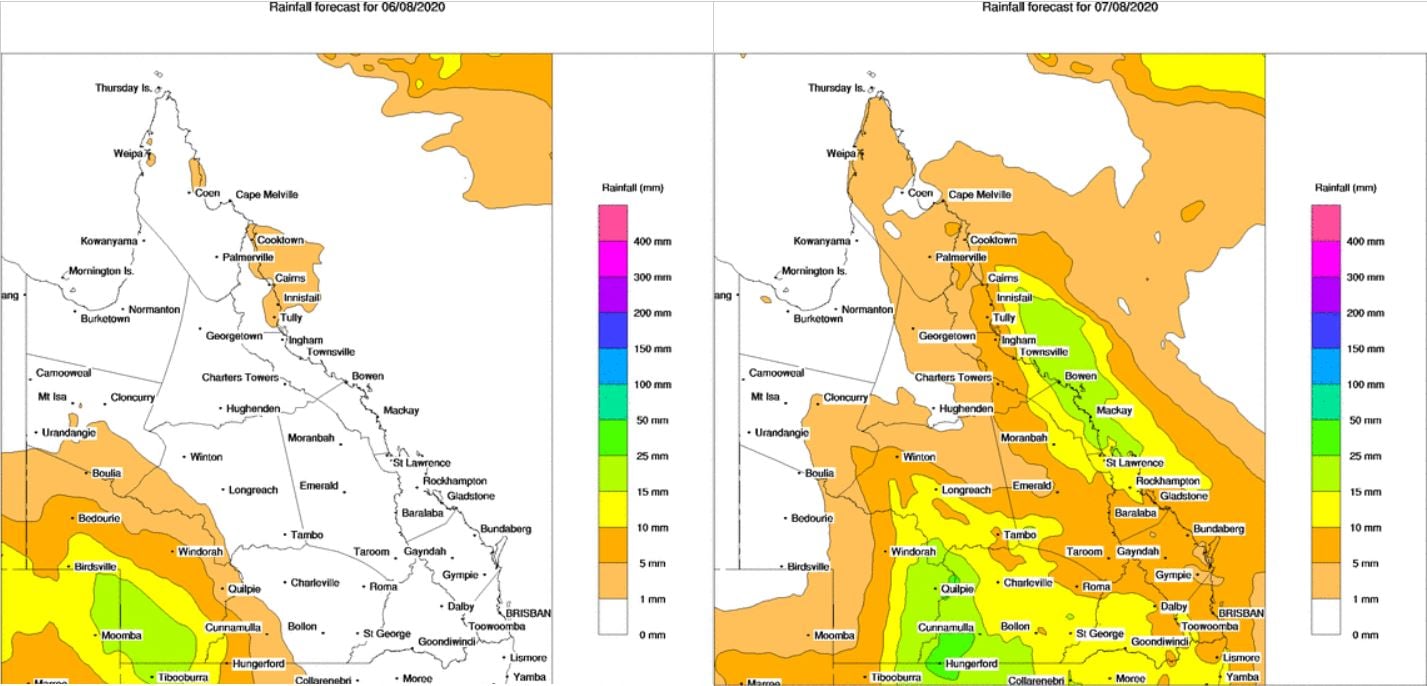 BoM PME rainfall for QLD Thursday 6/08/2020 and Friday 7/08/2020