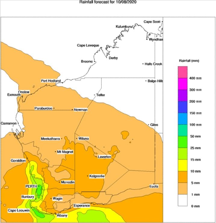 BoM PME rainfall for WA Monday 10/08/2020